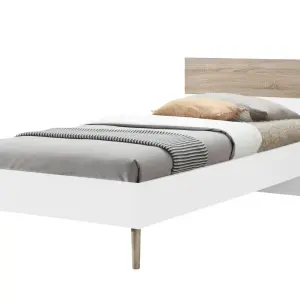 MAPLETON Wooden Bed Frame with White & Oak Effect and Rubberwood Legs