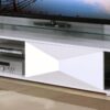 ROWLEY High Gloss TV Cabinet with Clear Glass Top in Black and White - Image 2