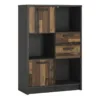 BROOKLYN Low Bookcase with 2 Doors 2 Drawers in Walnut and Dark Matera Grey