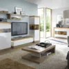 LYON 2 Drawers TV Cabinet (Including LED Lighting) in Riviera Oak and White High Gloss - Image 4