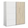 VERONA Sliding Wardrobe 180cm in White with White and Oak Doors, 5 Shelves