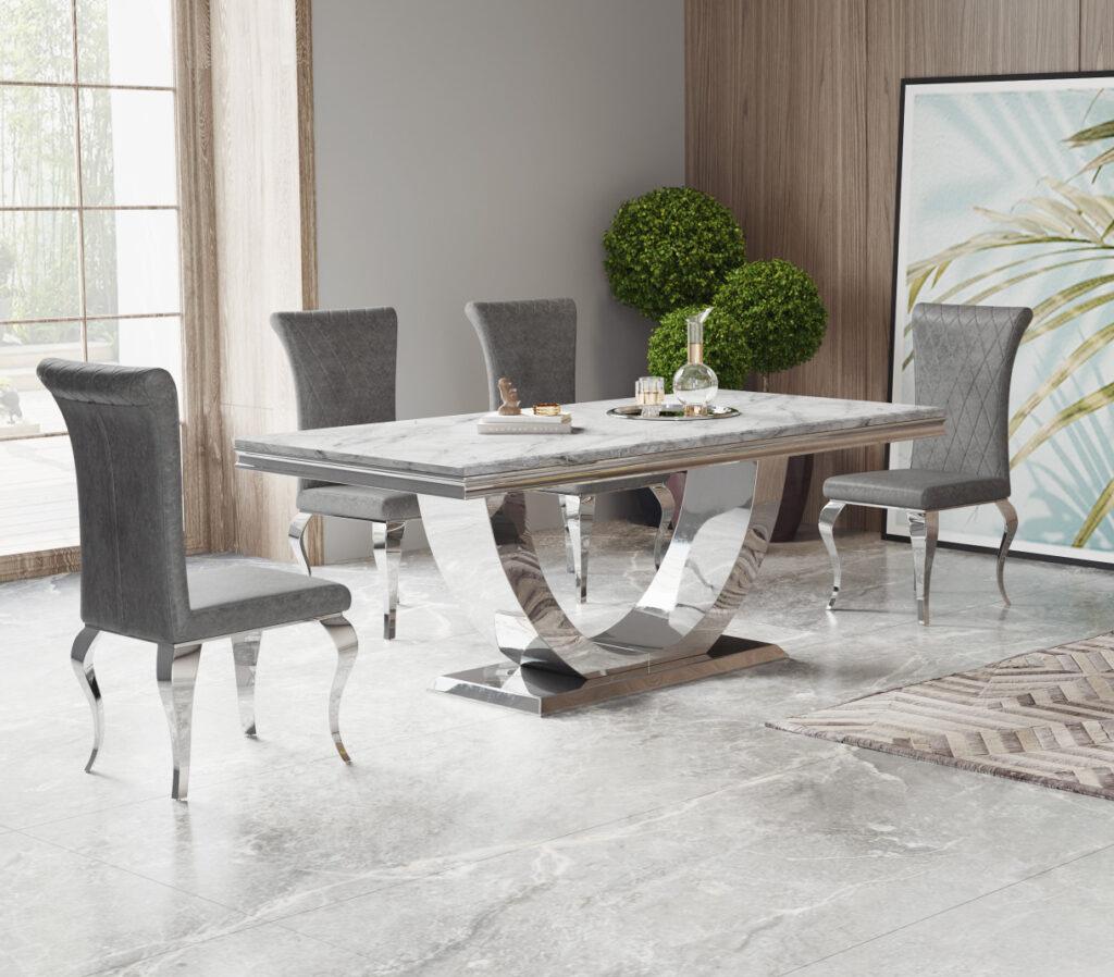 AMBASSADOR  Grey Marble Dining Table with Stainless Steel Frame