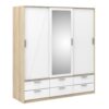 LINE Wardrobe with 3 Sliding Doors & 6 Drawers in Oak & White High Gloss