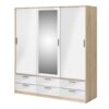 LINE Wardrobe with 3 Sliding Doors & 6 Drawers in Oak & White High Gloss - Image 2