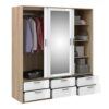 LINE Wardrobe with 3 Sliding Doors & 6 Drawers in Oak & White High Gloss - Image 4