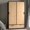 LINE Wardrobe with 2 Sliding Doors & 2 Drawers in Black & Jackson Hickory Oak - Image 8