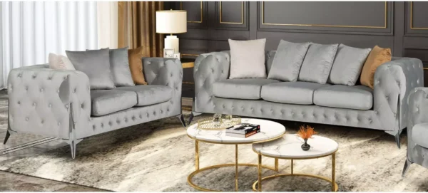 matrix plush velvet fabric sofa set of 3 and 2 in grey