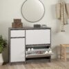NAIA Shoe Cabinet with 2 Flip Down Doors 1 Door 1 Drawer in Concrete & White High Gloss - Image 6