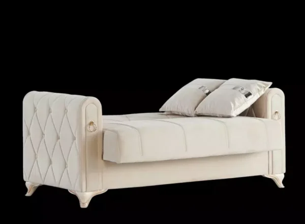 2 seater amman velvet sofa that becomes bed in cream and gold color